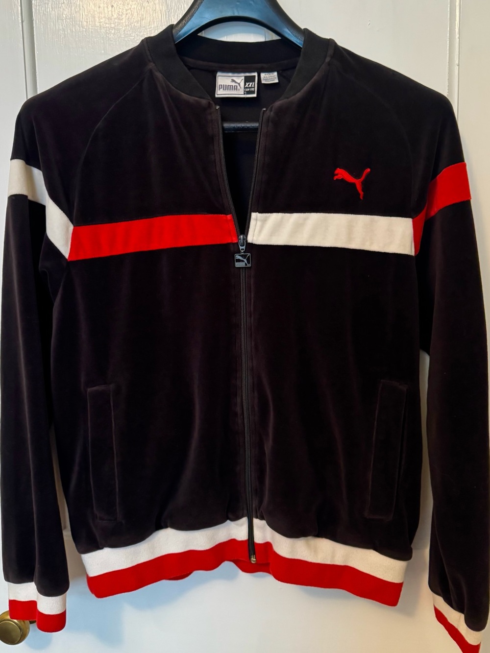 Puma Black Velvet Bomber Jacket with Red & White Stripes